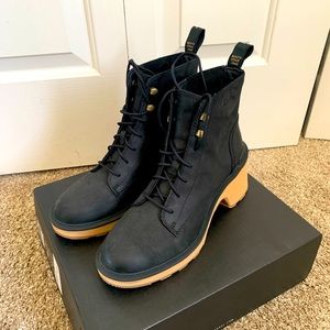 Women’s Sorel Hi-Line Heel Lace-Up Boot in Black/Tawny Buff.